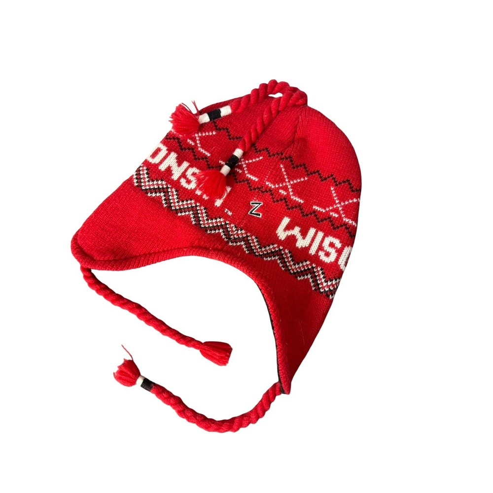 Wisconsin Badgers One Size Acrylic Knit Hat Fleece Lined Ear‎ Flaps Fair Isle